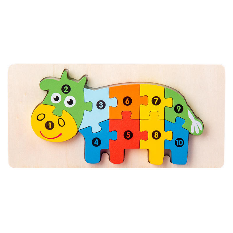 Wooden puzzle cow and dinosaur with prongs 2 er set