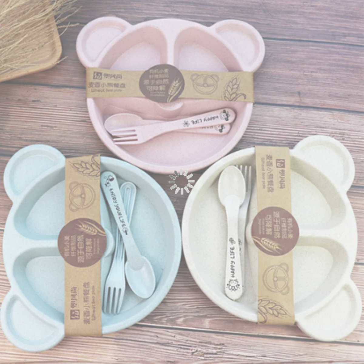 Children plate pink with cutlery in 3 colors