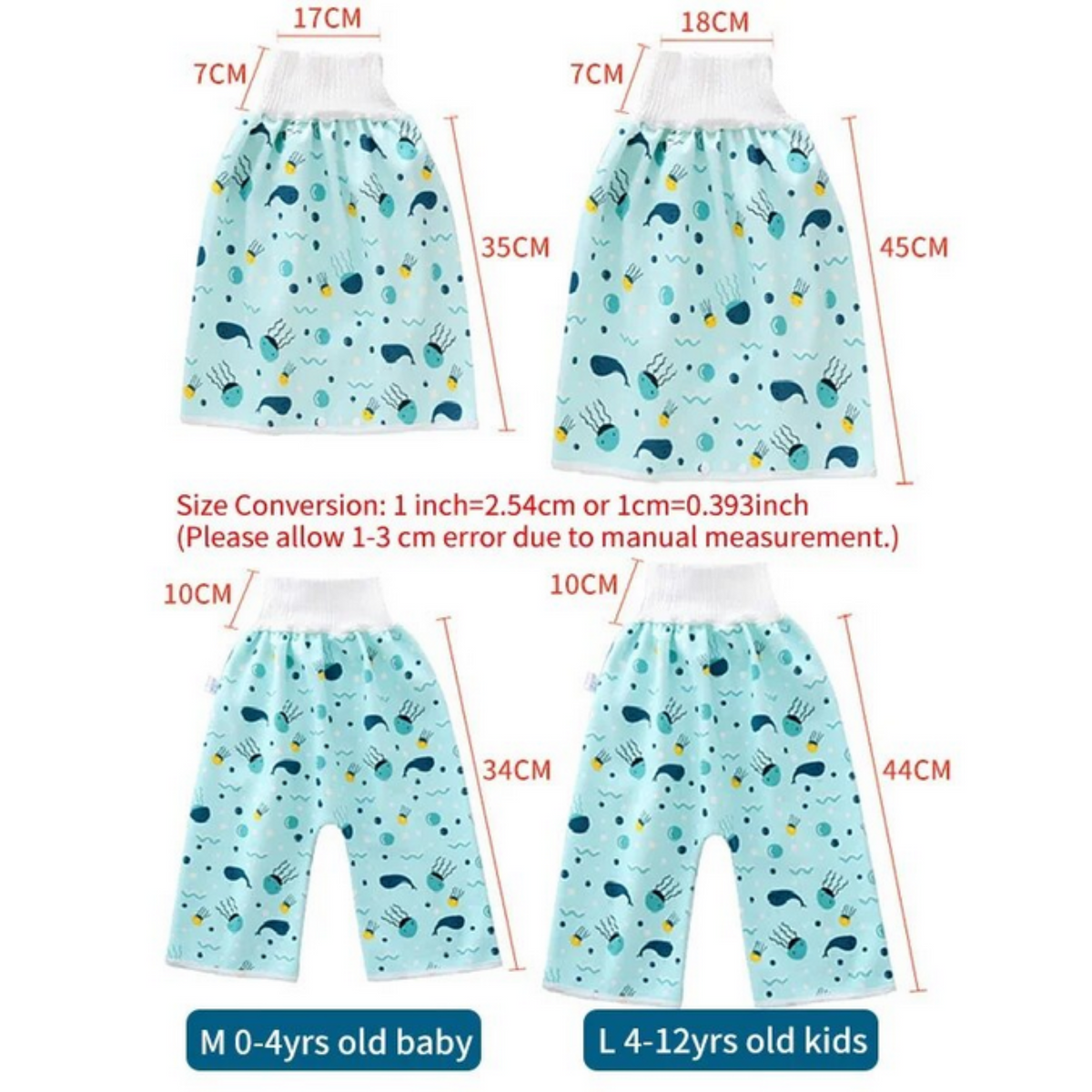 Diaper-free training pants/jumpsuit in 5 variations